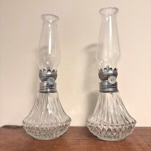 Vintage Lamplight Farms Miniature Clear Glass Oil Lamps Set of 2,  8.5"